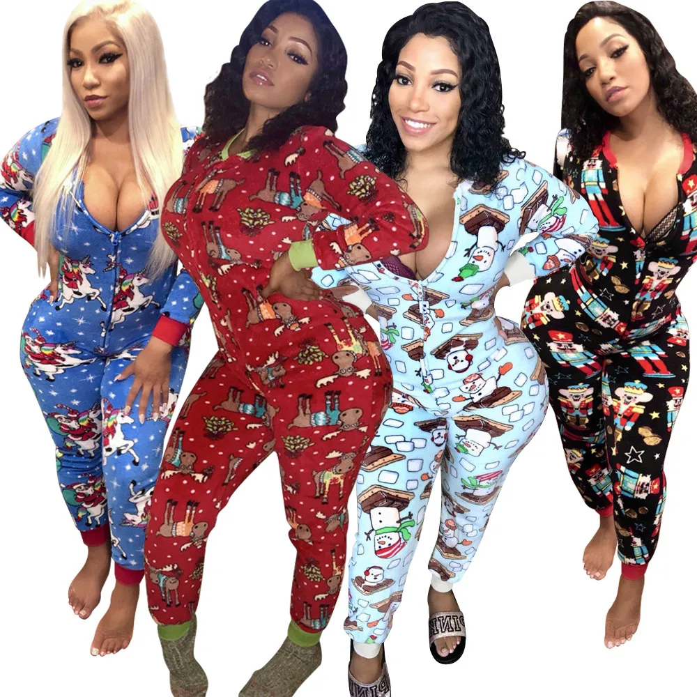 Thefound Fashion Women Xmas Jumpsuit Romper Long Sleeve Playsuit Clubwear Trousers Bodycon Pants