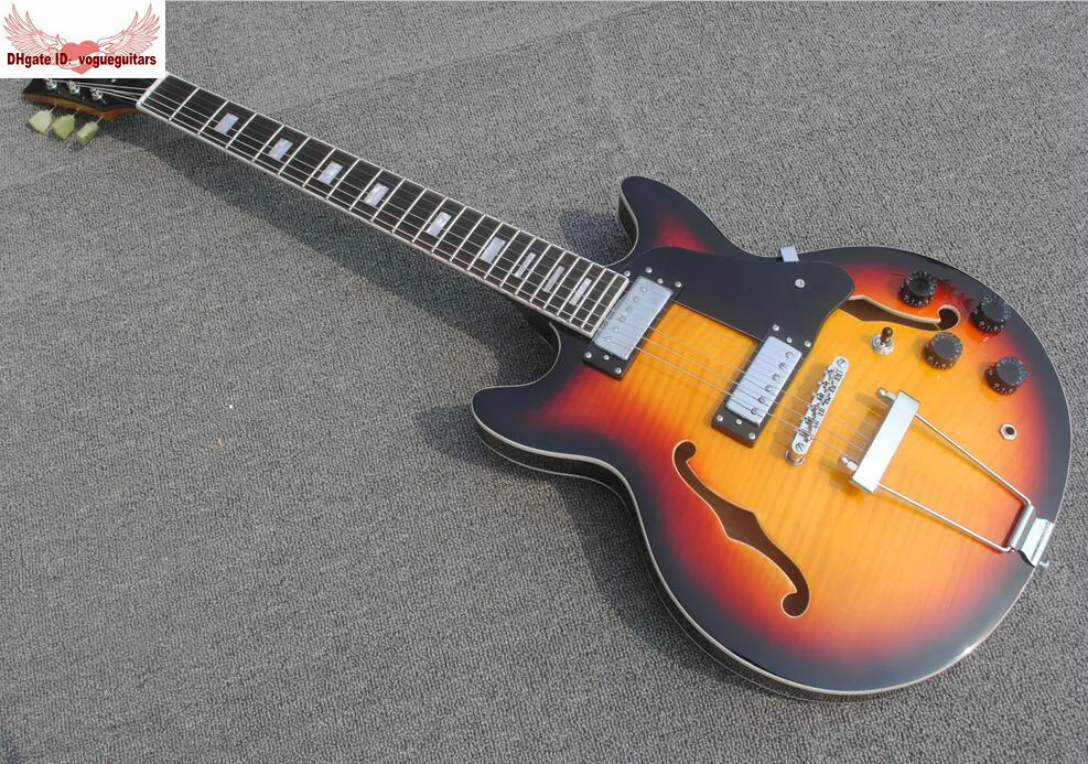 送料無料ジャズエレクトリックギターの中空ボディボスサンバーストカラーギター