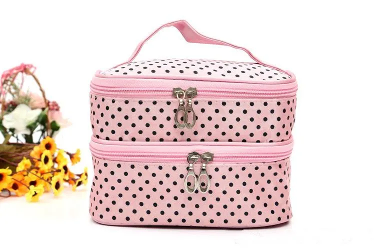 Borsa cosmetici a doppio strato Borsa trucco portatile Borsa il trucco da viaggio alla moda Piccoli puntini ragazza Bella borsa il trucco