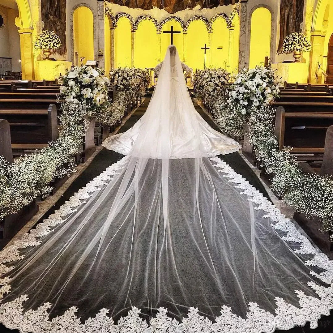 Cheap Wedding Veils 4M One Layer Lace Appliqued Wedding