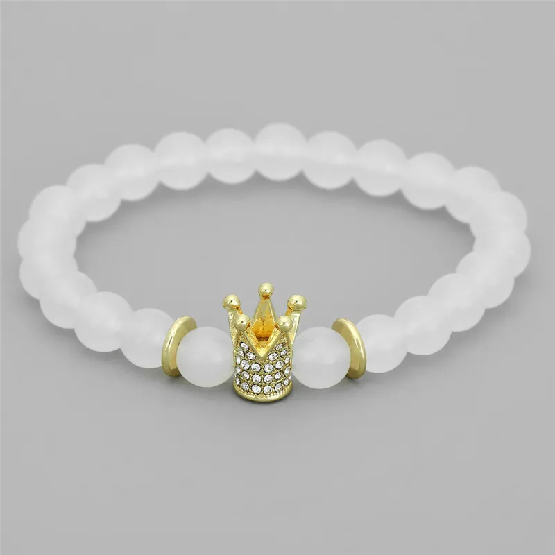 Wholesale White Matte Onyx Stone Bead Bracelet Men Gold-Color Micro Pave Crystal Crown Charm Elstic Bead Bracelet