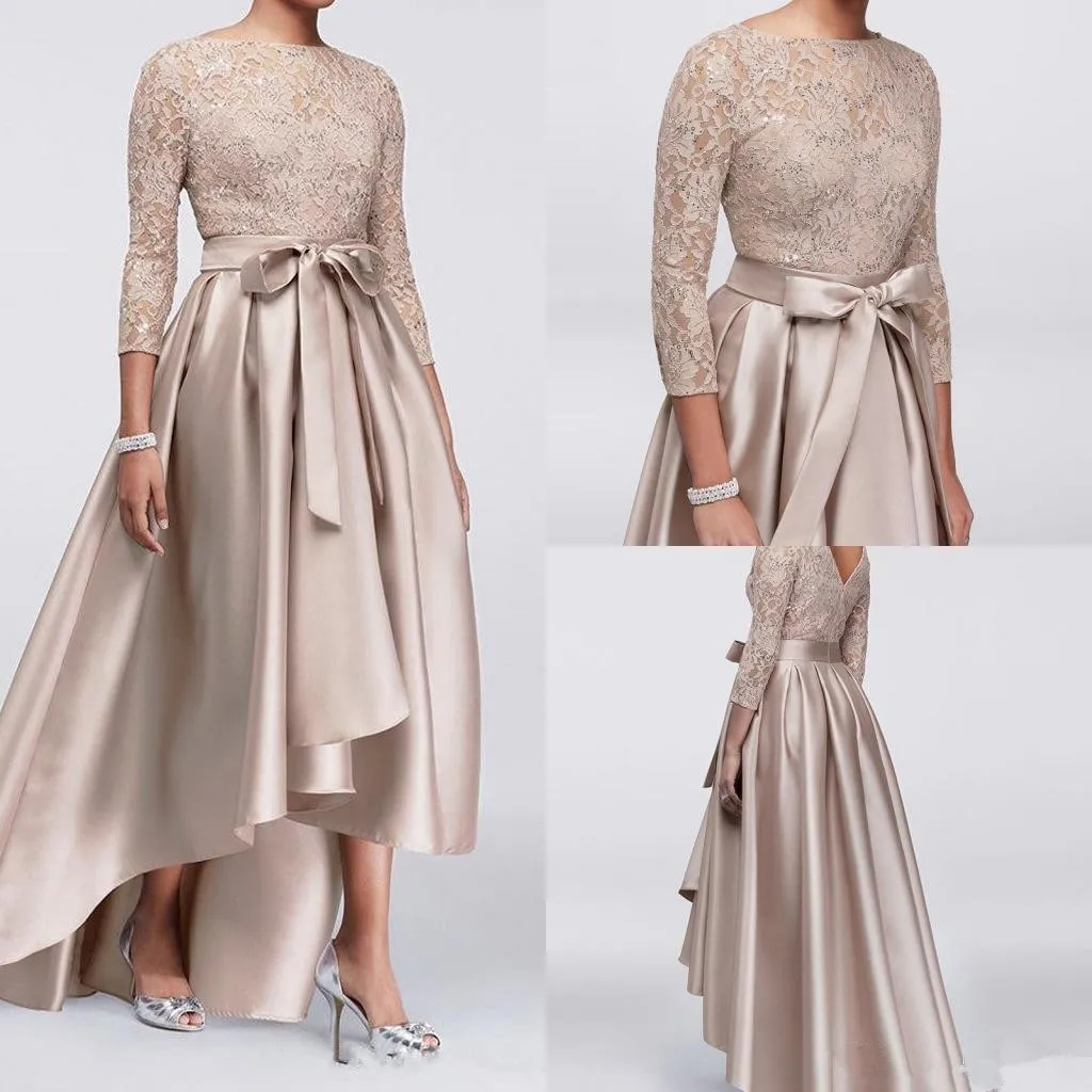 2020 Arapça Champagne Anne Kapalı Gelin Modelleri Dantel Aplikler ışıldamaya 3/4 Uzun Kollu Saten Yüksek Düşük Sashes Açık Geri Wedding Guest Elbiseler