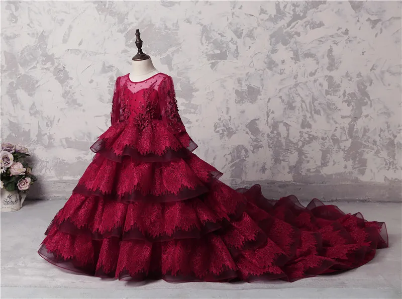 Amazing Multi-Layer Girls Pageant Gowns Dark Red Lace Long Sleeves Appliques Beads Flower Girl Dresses For Wedding Long Train Party Dress