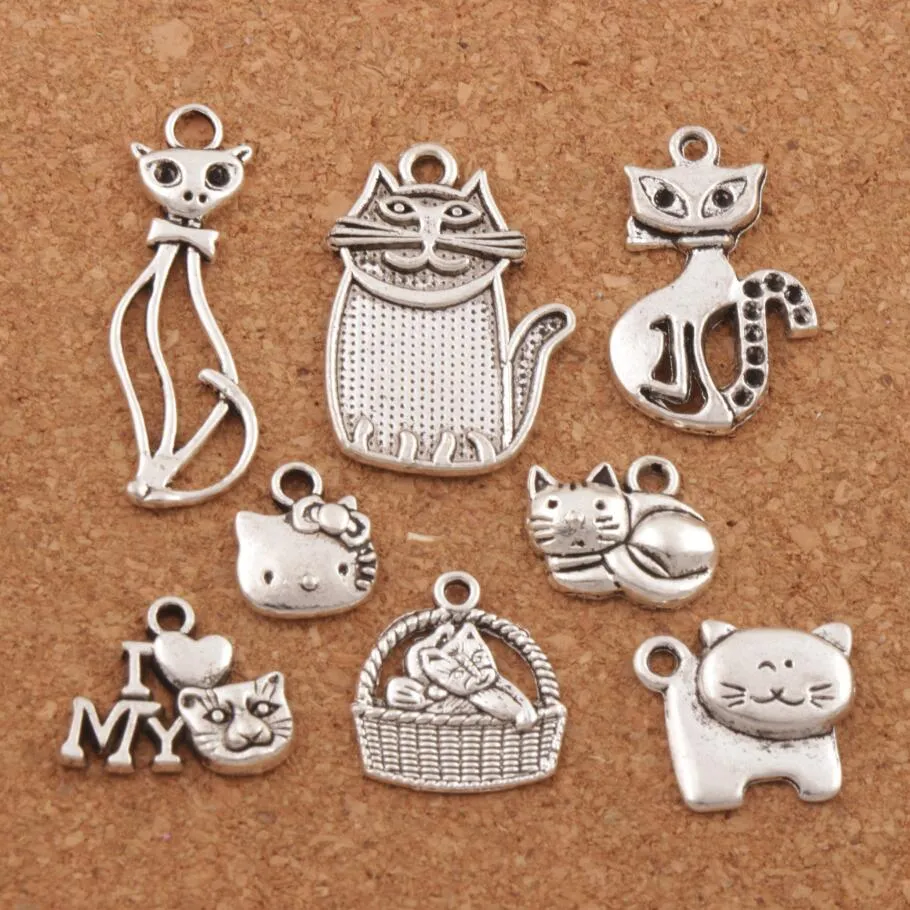 140pcs/lot Mix Cat Animal Charm Beads Antique Silver Pendants Hot Jewelry Findings DIY Components LM43 LZsilver