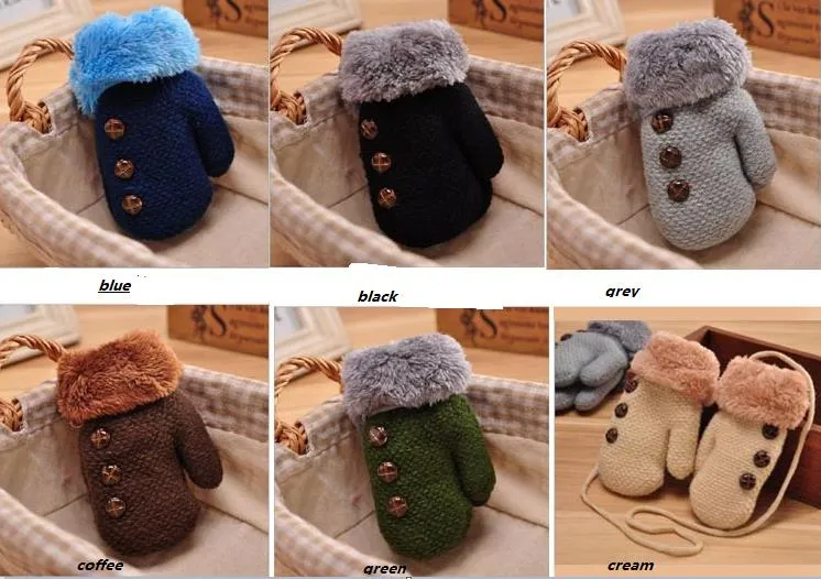 Crianças fofo de pelúcia Inverno Luvas Quentes Toddlers Meninas Meninos Do Bebê Crianças Engrossar Luvas Mittens Corda Pendurar No Pescoço Luvas De Dedo Completo colorido