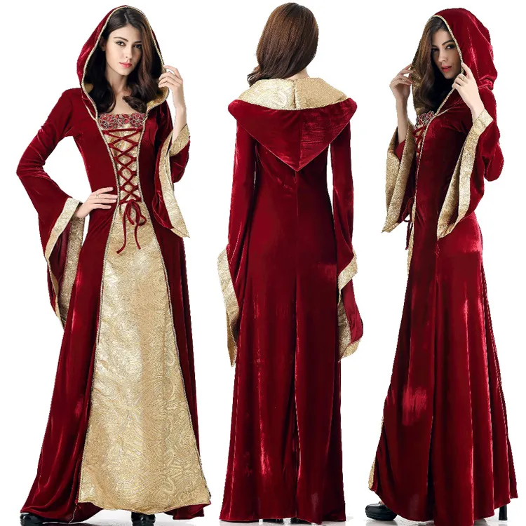 Medieval Dress Robe Women Renaissance Dress Princess Queen Costume Velvet Court Maid Halloween Costume Vintage Hooded Gown