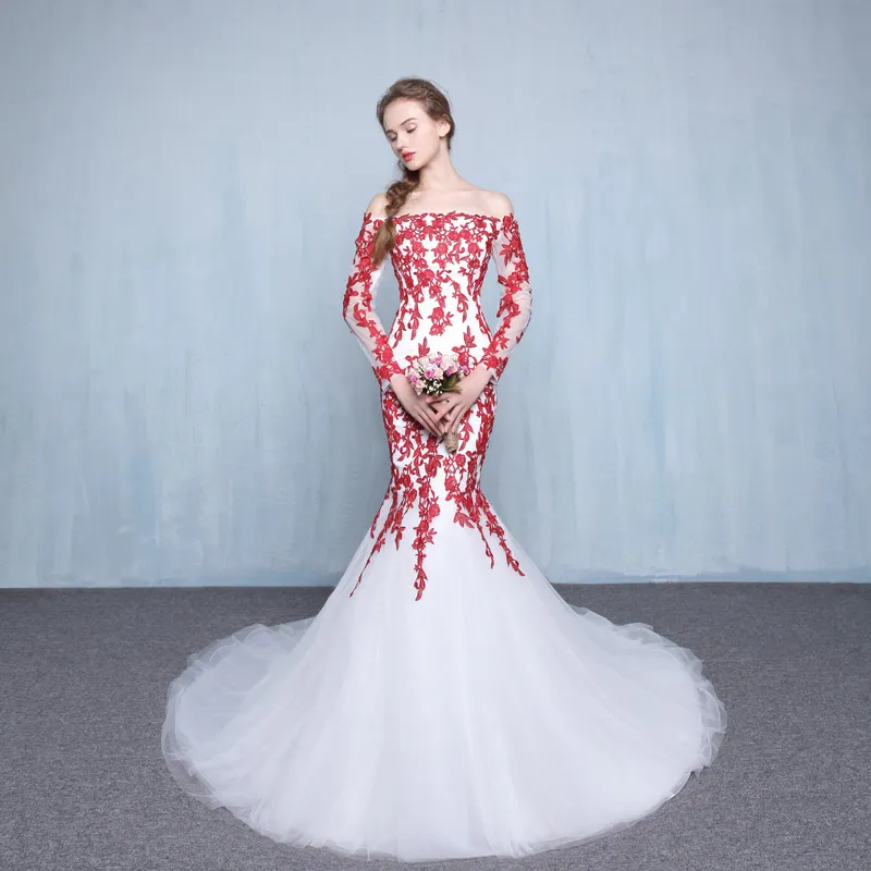 open lace back dress A-line Wedding Dress With High Slit,Red White Bridal Gown,WD01035