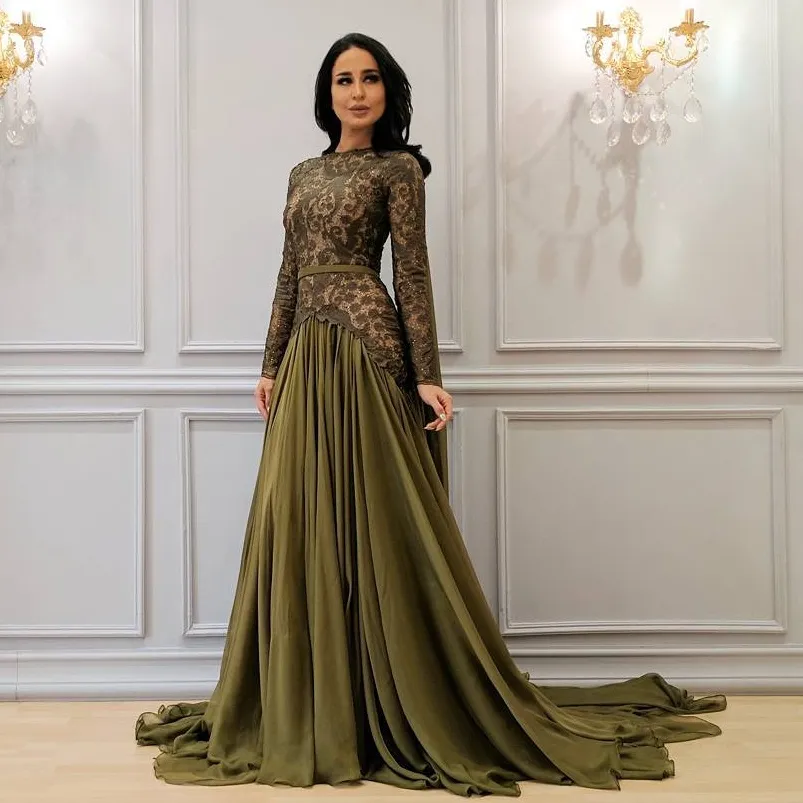 Arabia Saudyjska Szyfonowa Prom Dress Jewel Neck Koronki Długie Rękawy Party Dress Moda Trumpet Sweep Pociąg Suknie Wieczorowe Tanie Formalna Nosić Suknia