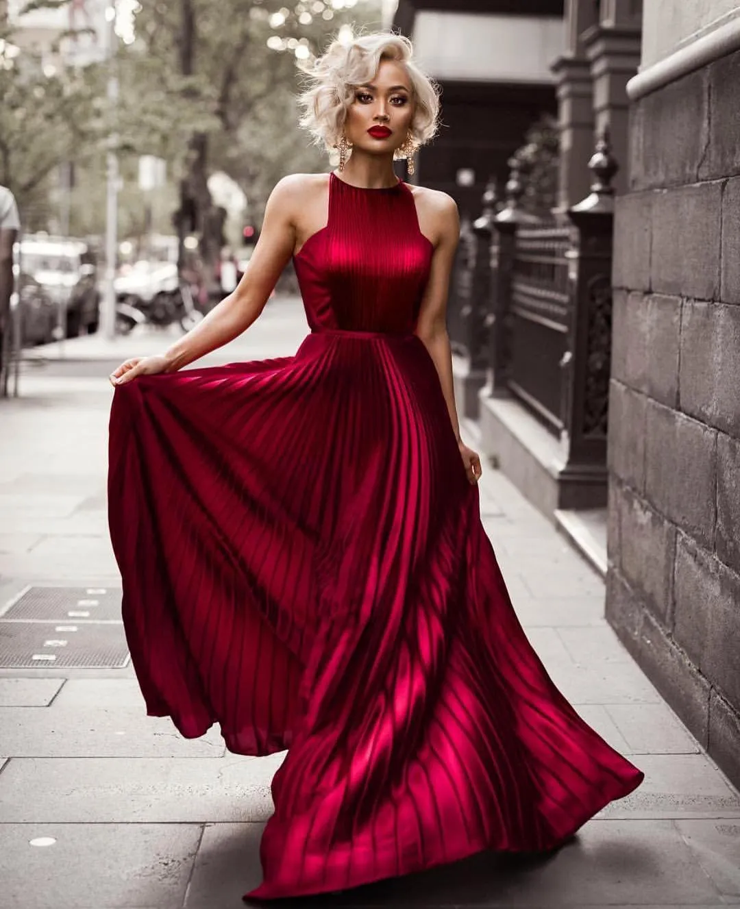 Burgundy halter hotsell prom dress