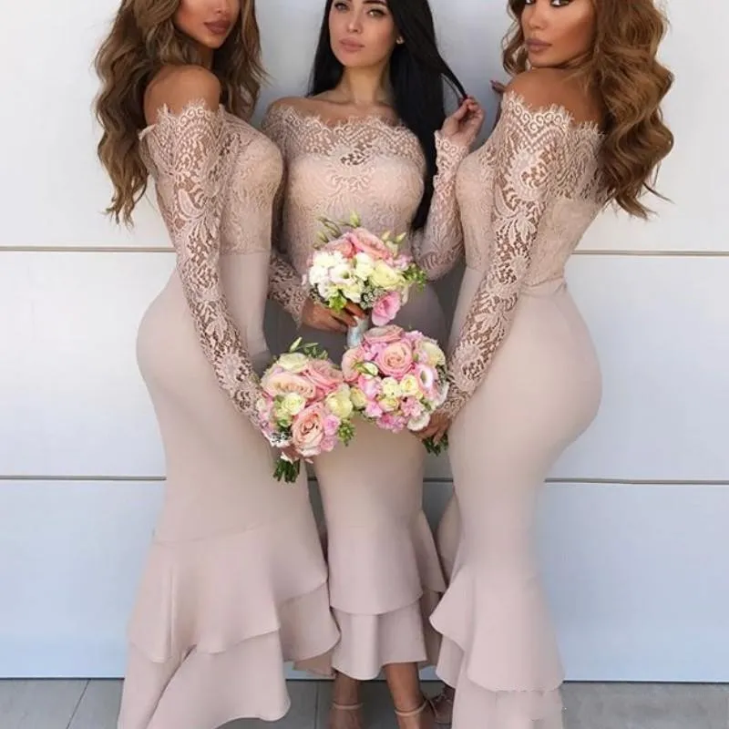 2018 Mermaid Bridesmaid Dresses Off Shoulder Lace Appliques Illusion Long Sleeves Tiered Ruffles Wedding Guest Dress Maid Of Honor Gowns