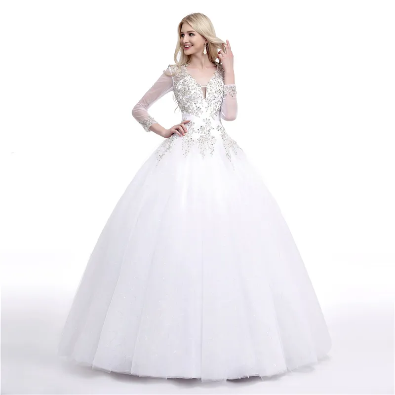 Superbe robe de bal robe de mariée Illusion manches longues transparente avec perles paillettes dos ouvert robes de mariée grande taille