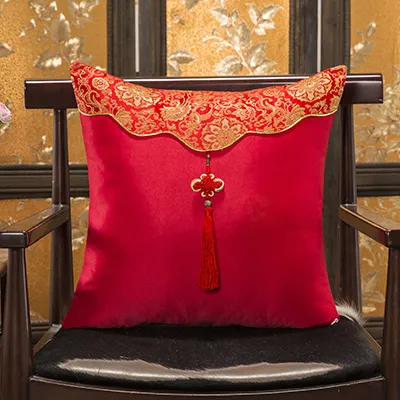 Çin düğüm Püskül Vintage Sandalye Minder Örtüsü 45x45 cm Lüks Patchwork Dekoratif Kanepe Yastık Ipek Saten Yastık Kapakları
