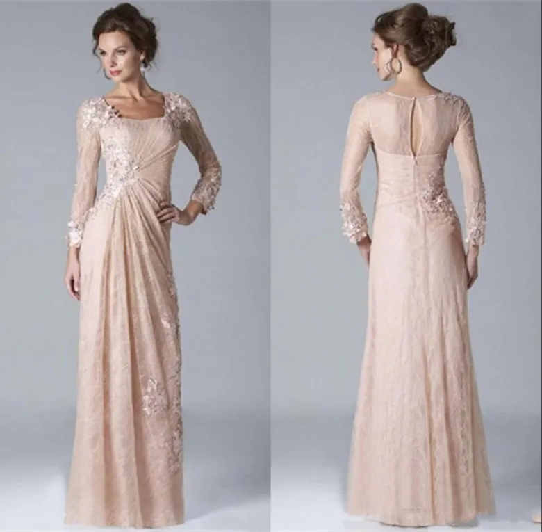 Modeste Champagne mère de la mariée robes encolure carrée à manches longues en dentelle appliques robes de soirée 2018 robes d'invité de mariage