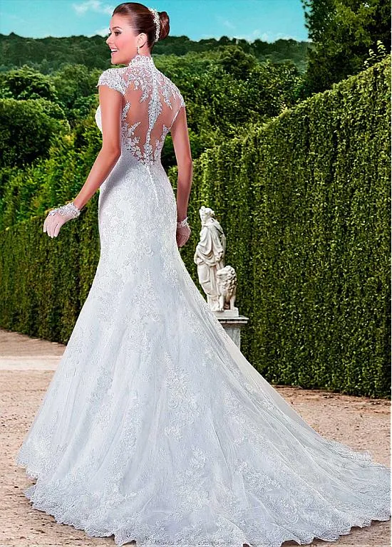 Robes de mariée sirène romantique balayage train plis tulle dentelle avec appliques paillettes brillantes perles robes de mariée sexy pure avec des boutons