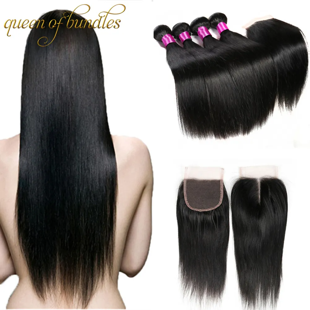 Brasilianska rakt hår med stängning 3 buntar Mänskliga hårbuntar med stängning 100% Human Hair Double Weft Dysable bleachable 100g / pc