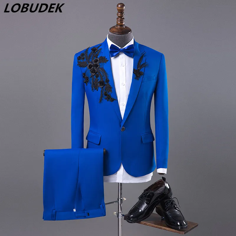 Men's Decal Beading Suit Blue Lapel Collar Slim Blazer Pants 2 Piece Set Fashion Banquet Host Suits Singer Stage Performance Outfit