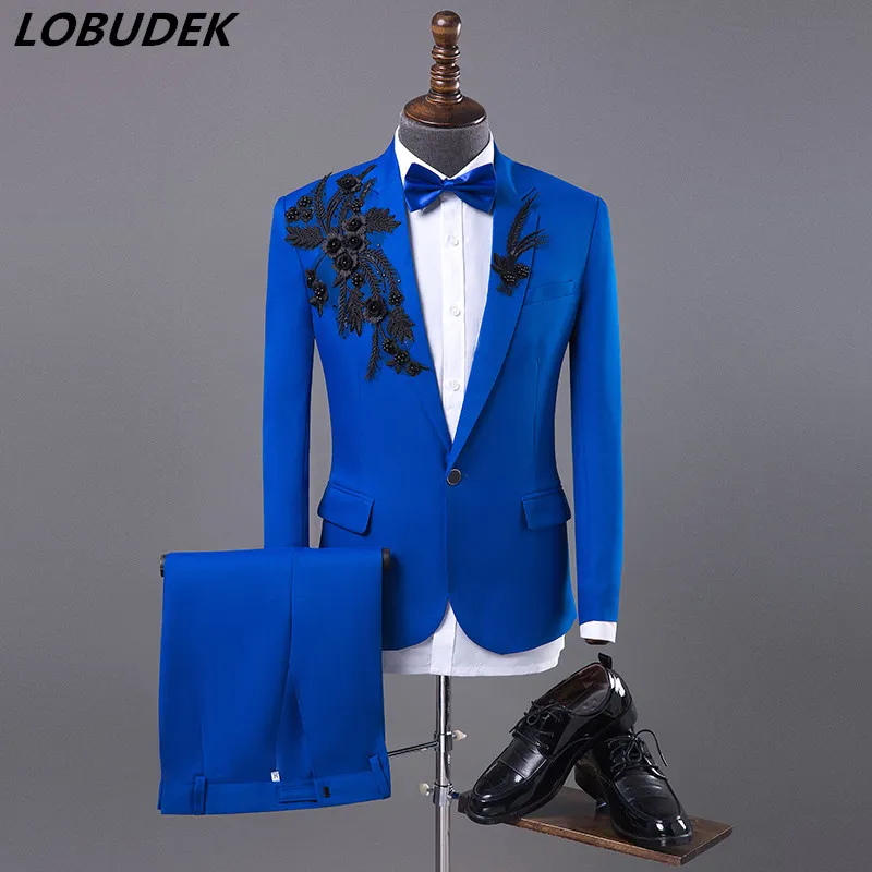 Herrekalpärlor Blue Lapel Collar Slim Blazer Pants 2 Piece Set Fashion Banket Host Suits Singer Stage Performance Outfit