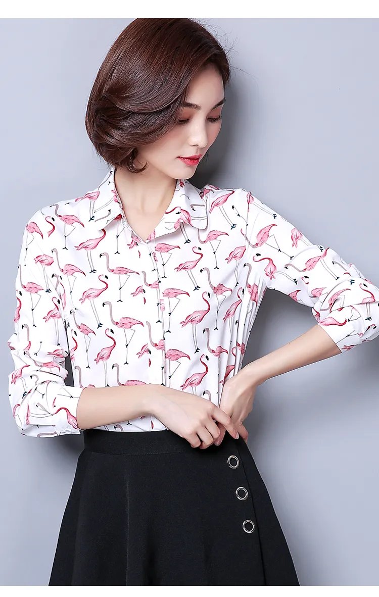 Feminino Novo Flamingo Imprimir Camisas Blusa de Mangas Compridas 2018  Primavera POLO Collar Camisa de Todos Os Jogo Tops Moda Feminina Camisa  Chiffon