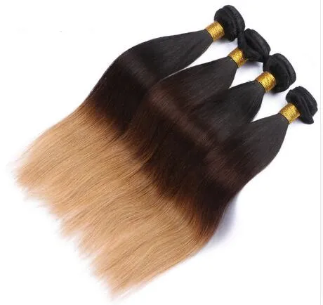 Peruvian Straight Human Hair Remy Hair Weaves Ombre 3 Tones 1B/4/27 Color Double Wefts 100g/pc Can Be Dyed Bleached