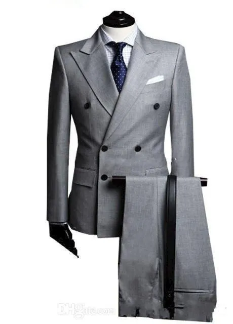 Customize Light Grey Groom Tuxedos Double-Breasted Side Vent Groomsmen Blazer Best Men Business Formal Prom Suit(Jacket+Pants+BowsTie)NO:211