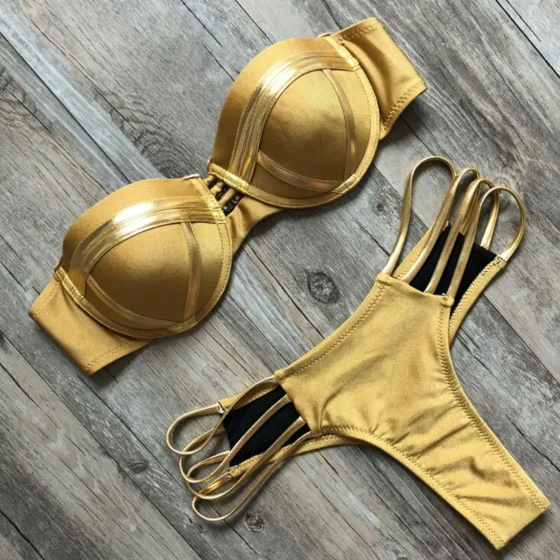 Conjunto de Bikini con estampado dorado, bañador Sexy acolchado para mujer, bañador Push Up Bandeau, ropa de playa de verano, traje de baño de Brasil, vendaje