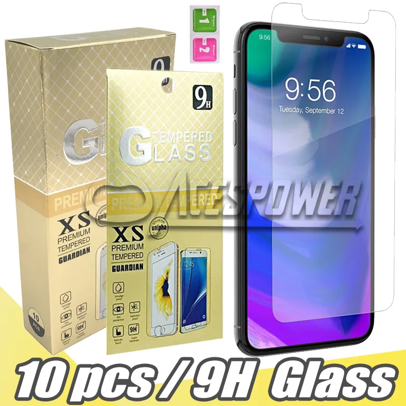 Tempererat glasskärmskydd för iPhone 15 14 13 12 Mini 11 Pro Max XR 8 7 6S Plus med papperspaket