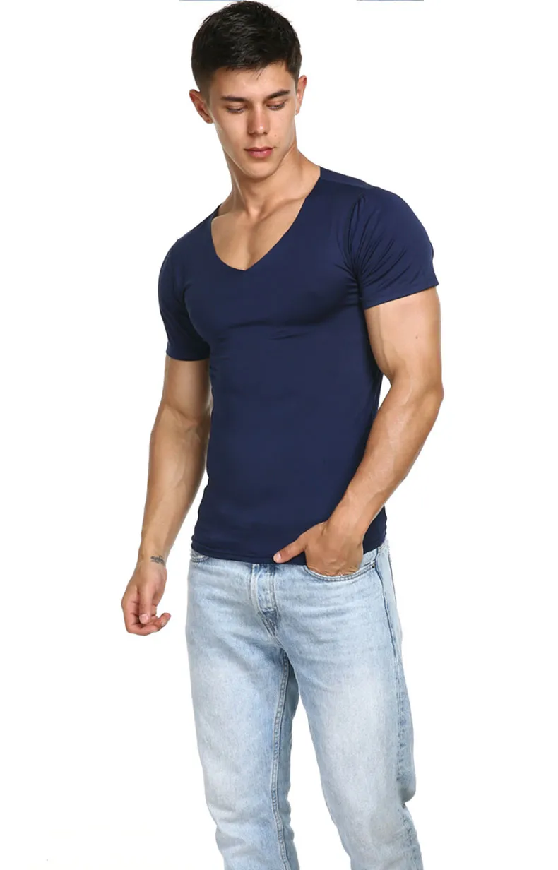 Summer Cotton Tee Short Sleeve T-shirt Male Seamless V collar Slim T-shirt Youth Tight Bottom Shirt