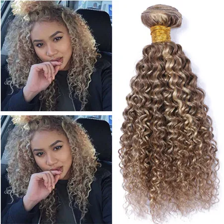 Kinky Curly # 8/613 Brown Blandad Blond Piano Färg Virgin Peruansk Mänsklig Hårbuntar 4PCS Piano Mix Färg Human Hair Weave Extensions