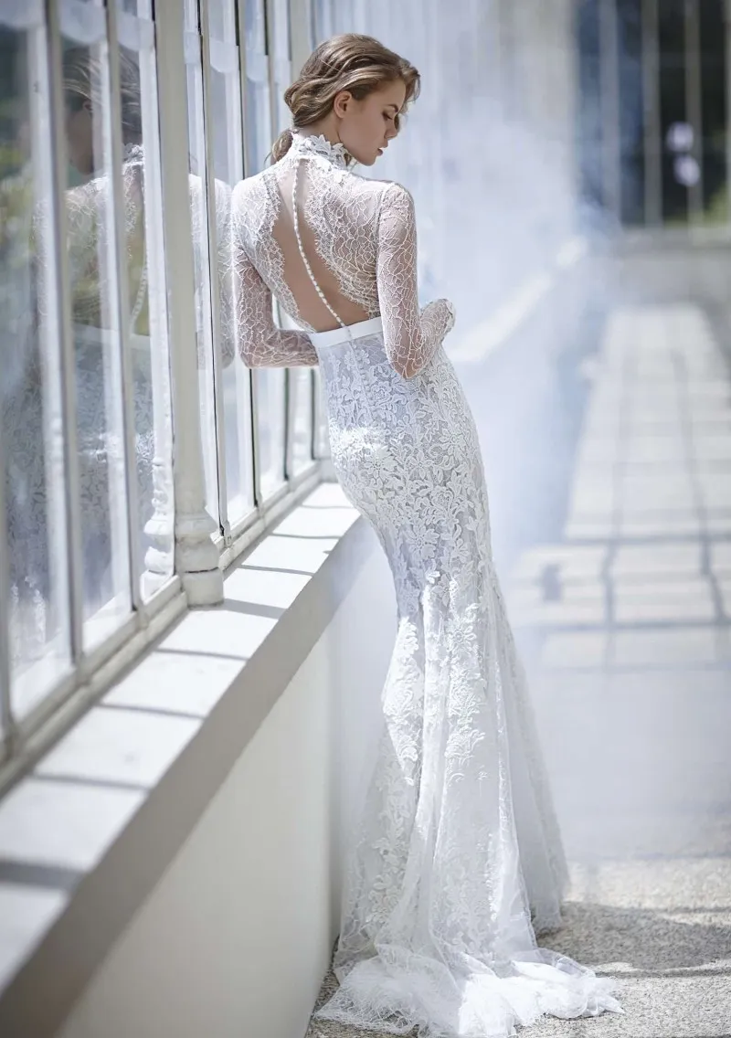 Superbes robes de mariée en dentelle sirène manches longues boutons dos balayage train robes de mariée en dentelle robes de mariée élégantes de style européen