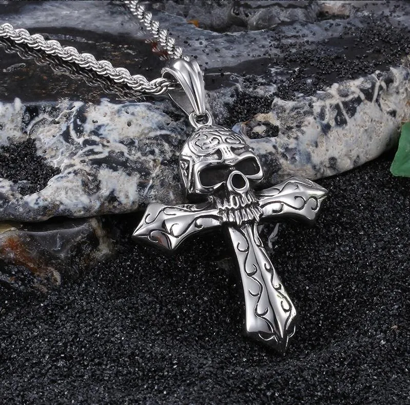 Cool Skeleton Jewelry Vintage Men 316L Stainless steel Large Biker Cross Skull Punk Design Necklace Pendant 3mm* 23.6" Twisted Rope Chain