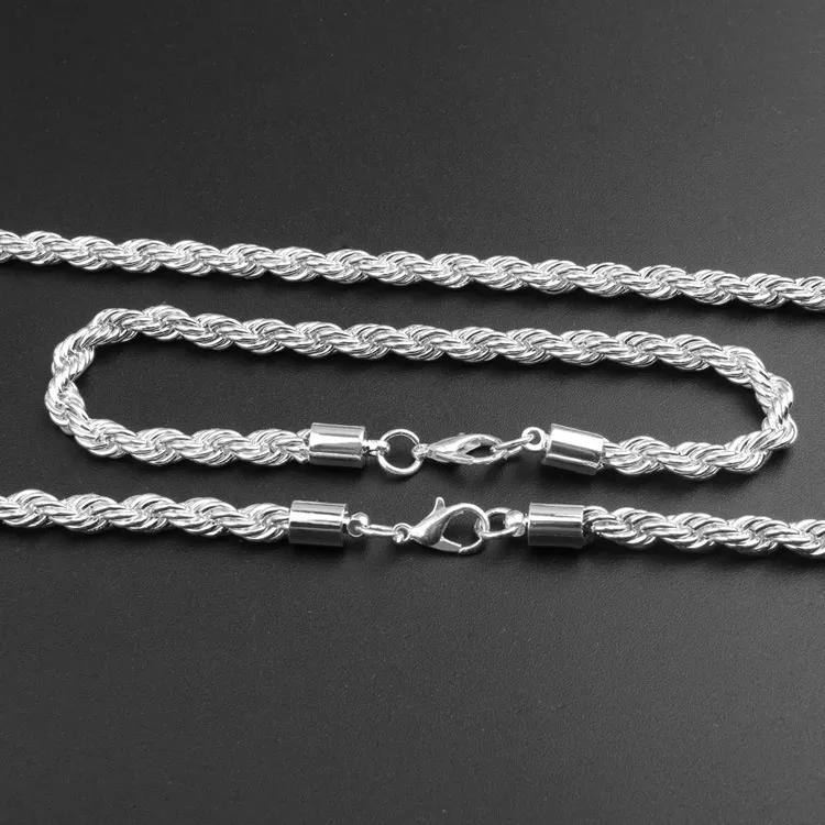 Mode 4 mm 925 Sterling Silver Polated Rope Chain Ketting Sparkling Jewelry9110676