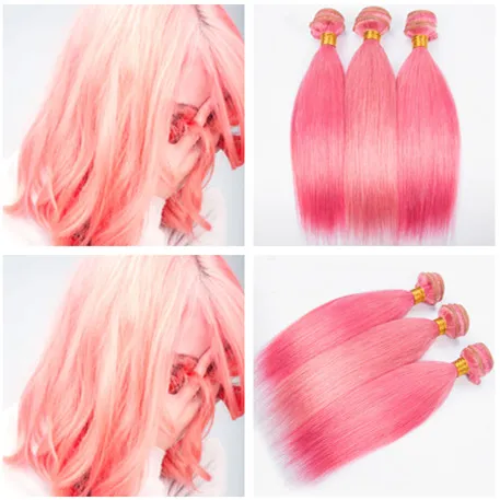 Reta de seda Brasileiro Virgem Rosa Cabelo Humano Tece Extensões Pure Pink Cor Feixes de Cabelo Humano Ofertas 3 Pcs Tramas de Cabelo Brasileiro