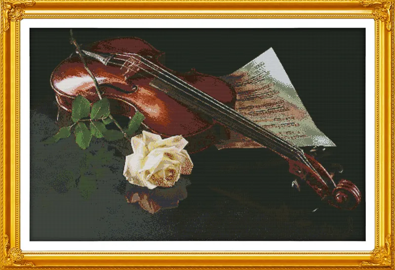 バイオリンと白いバラの石油の装飾絵画、手作りクロスステッチ刺繍針仕事セットカンバスDMC 14ct / 11ct