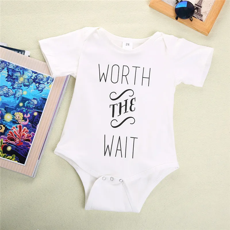 Summer Baby Clothes Letter Worth The Wait Infant Baby Boys Girls Rompers Short Sleeve Romper Bow Tie Jumpsuit Outfits Clothes Boys 0-24M