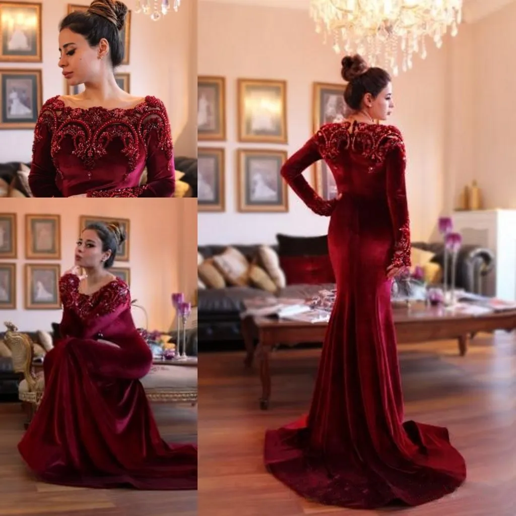 Amazing 2018 Arabic Long Sleeve Mermaid Evening Dresses Velvet Burgundy Appliquqed Beading Scoop Neckline Court Train Prom Formal Gowns