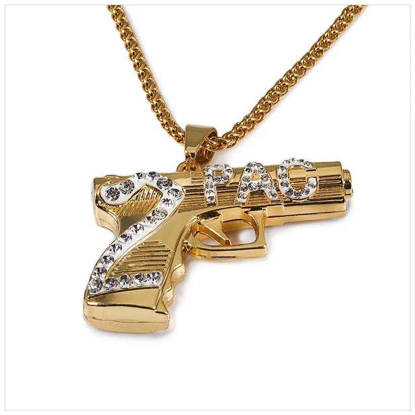 Fashion Hip Hop Iced Out Pendant Necklace Jewelry Gold Chain Gun Shape Pistol Pendant Necklace For Men