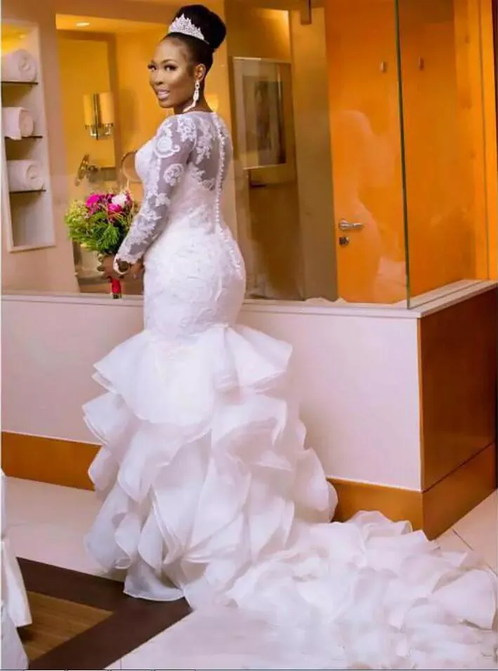 Plus size manica lunga sirena abiti da sposa nigeriani collo trasparente aderente abito da sposa africano volant gonna abiti da sposa vestido244t