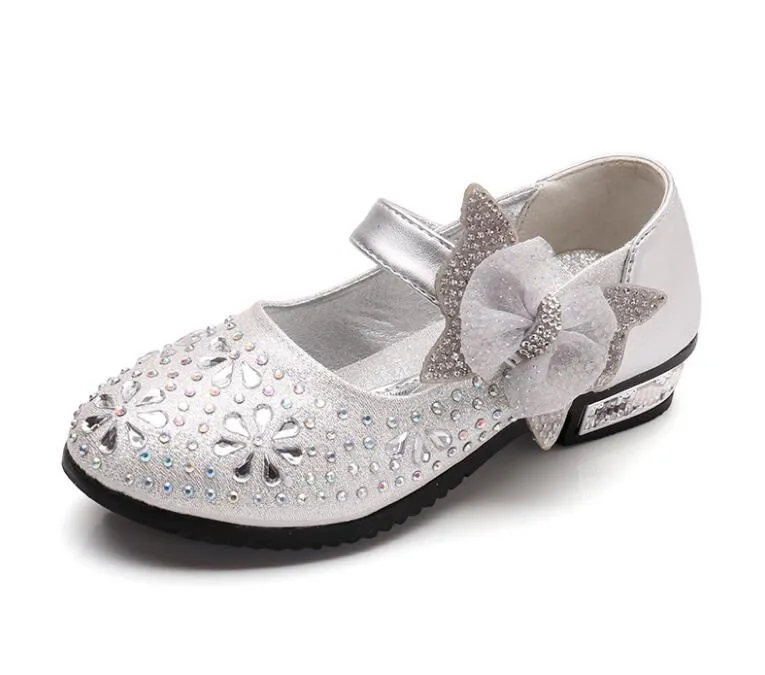 Fashion Sparkling Children Girls Wedding Shoes 2018 Girls Princess Shoes Korean Bow hot Small High-heeled Shoes GA199