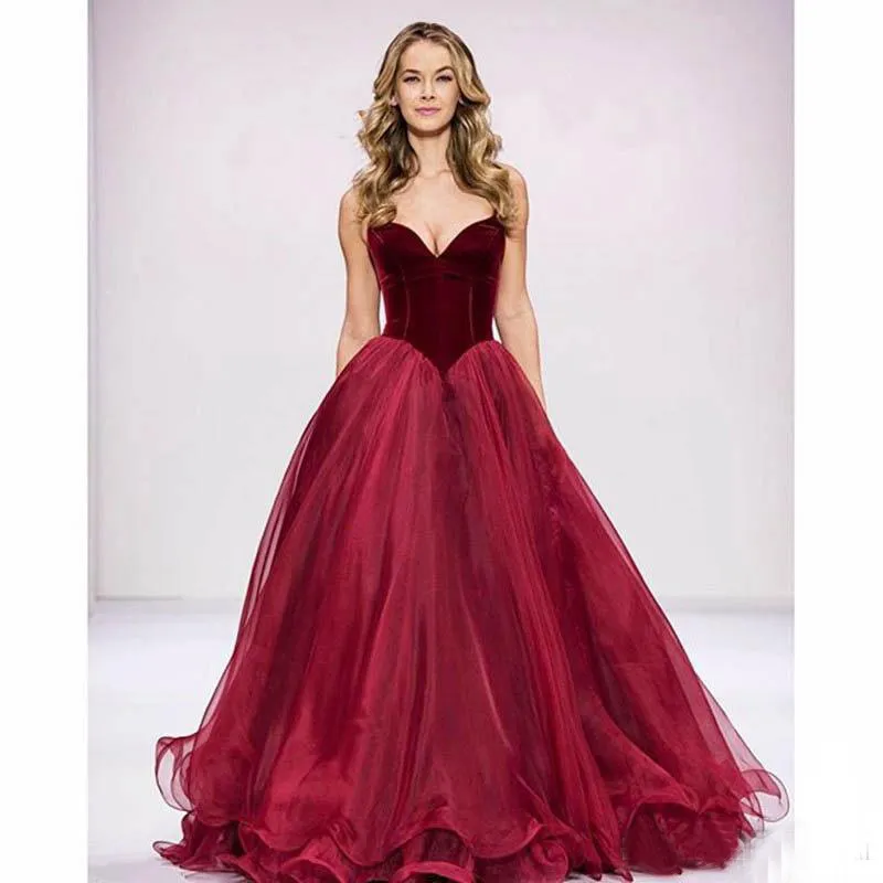 Vintage Vermelho Escuro Espartilho De Veludo Vestidos de Baile Longo Querida Top Até O Chão de Tule Vestidos de Festa À Noite Barato Plus Size Custom Made EN209