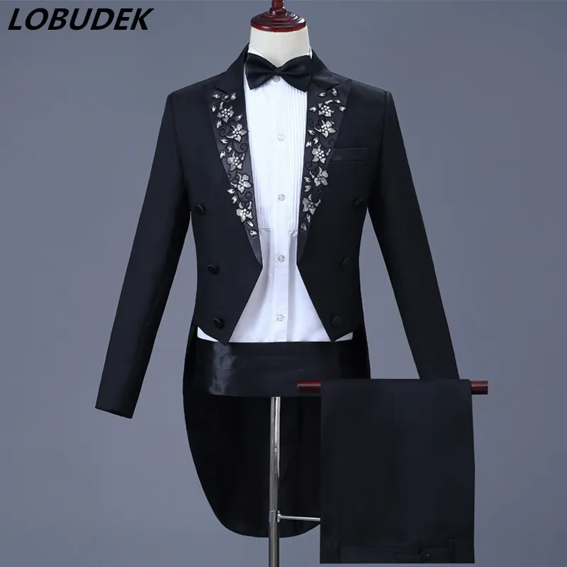 Costume da coda di rondine da uomo Applique Paillettes Frac Pantaloni Abito Club Mago Abito da palcoscenico Prom Cantante Abito da coro Blazer nero Abiti da ospite