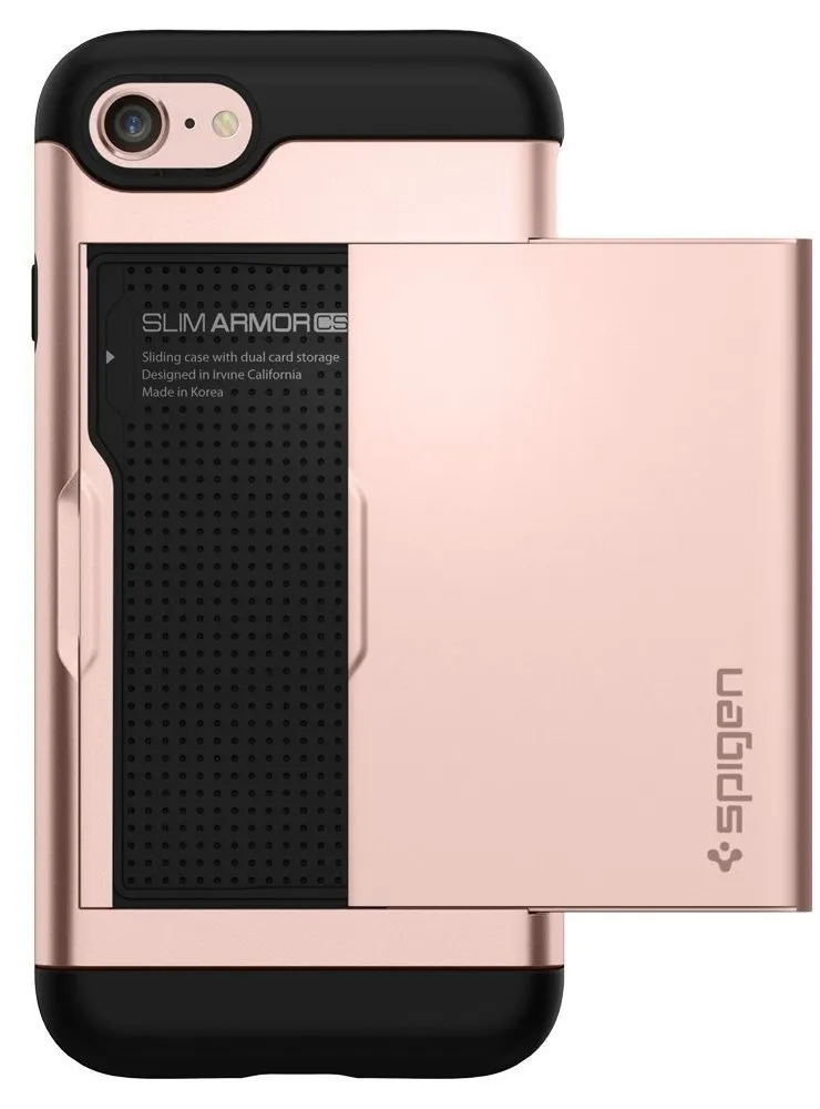 غطاء Spigen Slim Armor CS iPhone X 8 7 6 5 بتصميم محفظة بطبقة مزدوجة وغطاء حامل فتحة بطاقة لسامسونج S4 S5 S6 S7 S8 S9 Note 4 5