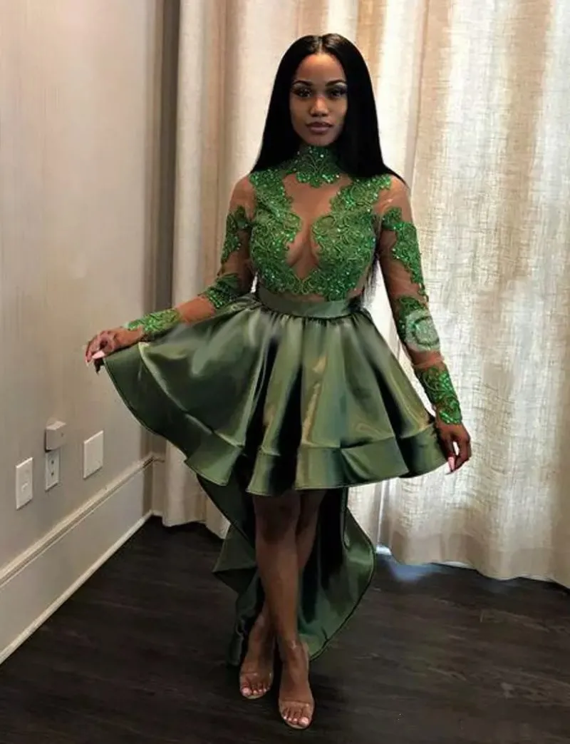 Emerald Green Black Girls High Low Prom Dresses 2018 Sexy See Through Appliques Sequins Sheer Long Sleeves Evening Gowns Cocktail Dress