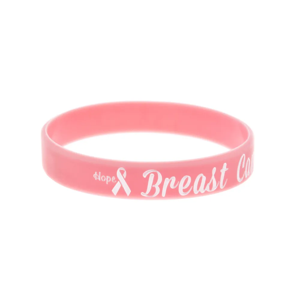100st Hope Ribbon Breast Cancer Awareness Silicone Gummi Armband Skörd och fylld i färg Rosa Vuxen Storlek