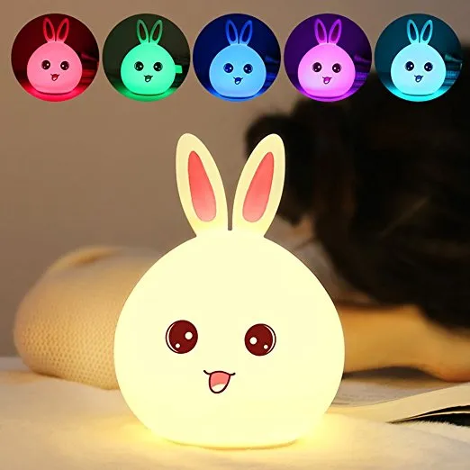 Baby Kids Night Light Kawaii Silicone Bunny Kanin Lampa Tryck Control Färg Ändra andningsljus för barn, Rolig Nighttime Buddy