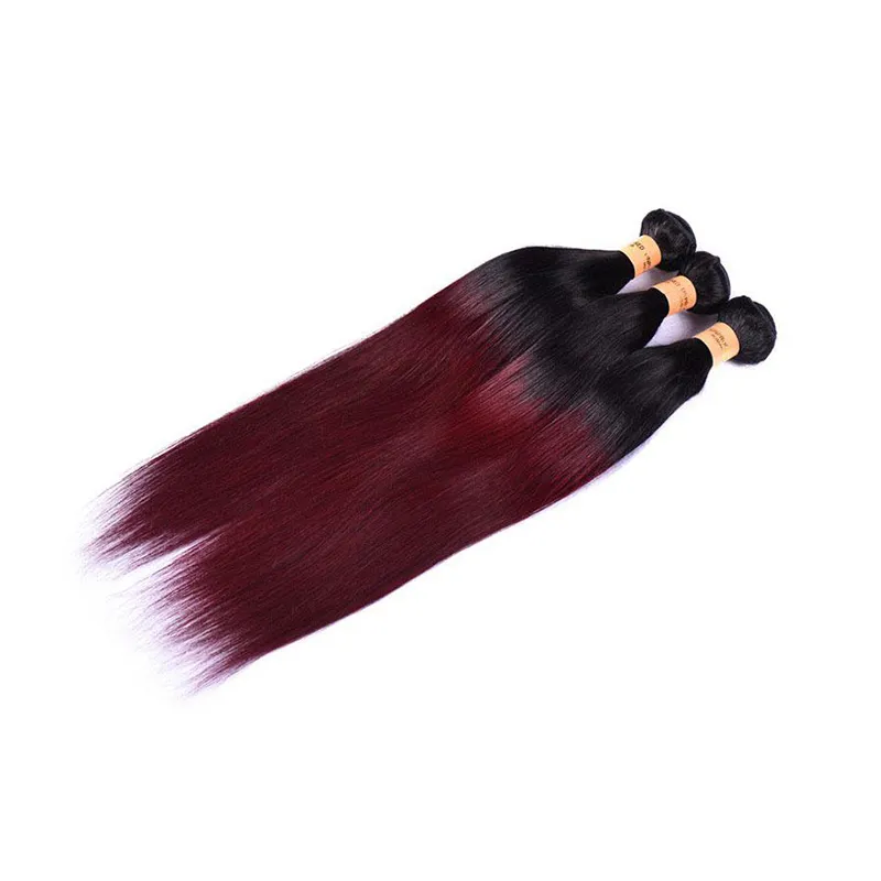 Fasci di capelli umani bordeaux ombre brasiliani con chiusura colorata 1B / 99J estensioni del tessuto dei capelli vergini lisci brasiliani con chiusura in pizzo