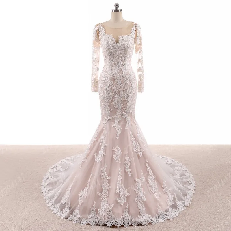 Robe de mariée sirène en dentelle, Champagne, manches longues, Corset au dos, robes de mariée colorées, sur mesure