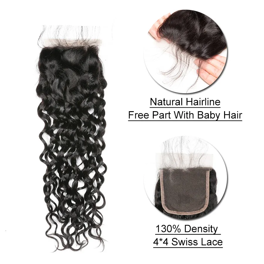 ELIBESS HAIR-Brazilian Water Wave Bundles with Closure 3 Bundles 50g/pcs Human Hair with Closure 4"x4" Free Part Non Remy Hair Weave