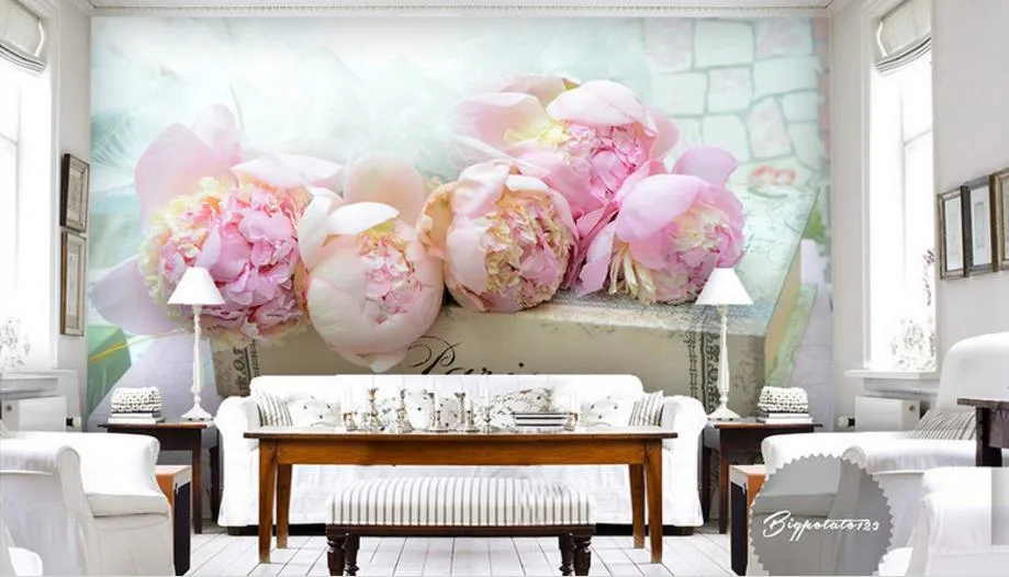 Розовые цветы обои для гостиной ТВ диван 3D фреска обои зеленый материал фон стены домашнего декора