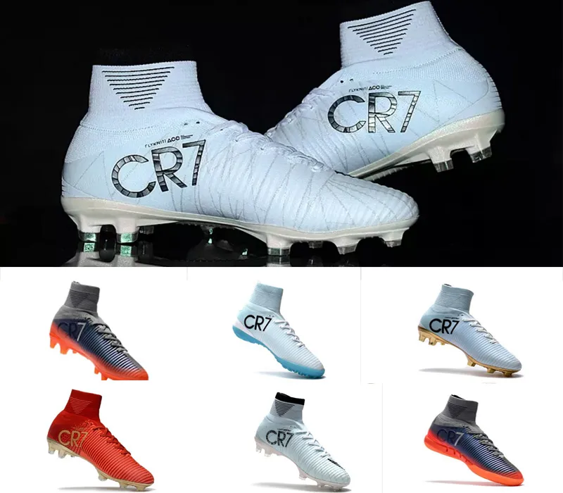Original Cristiano Ronaldo Superfly v Botas de fútbol CR7 Zapatos de fútbol dorados blancos