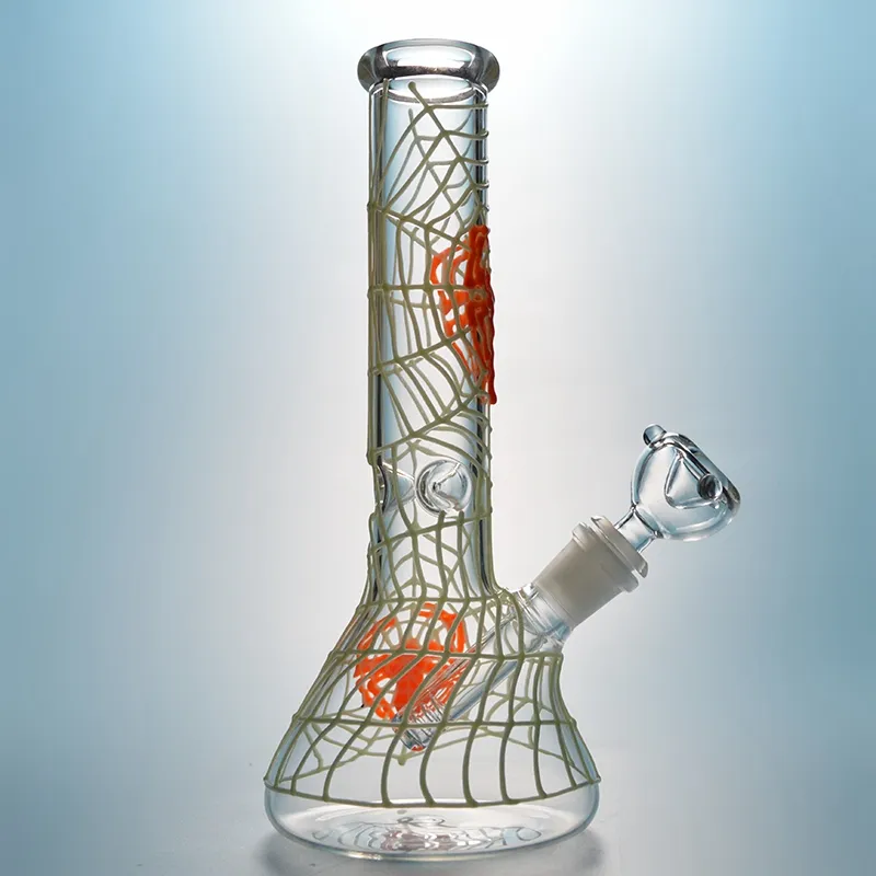 DHL Beautiful Spider Web Bongs Hoishahs Glow In The Dark Glass Bong Staight Tube Dab Rig Water Pipe Beaker Bongs Gid02